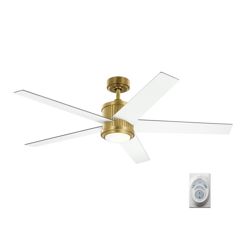 Kichler Brahm 56 inch LED Ceiling Fan Natural Brass with Walnut and White Blades