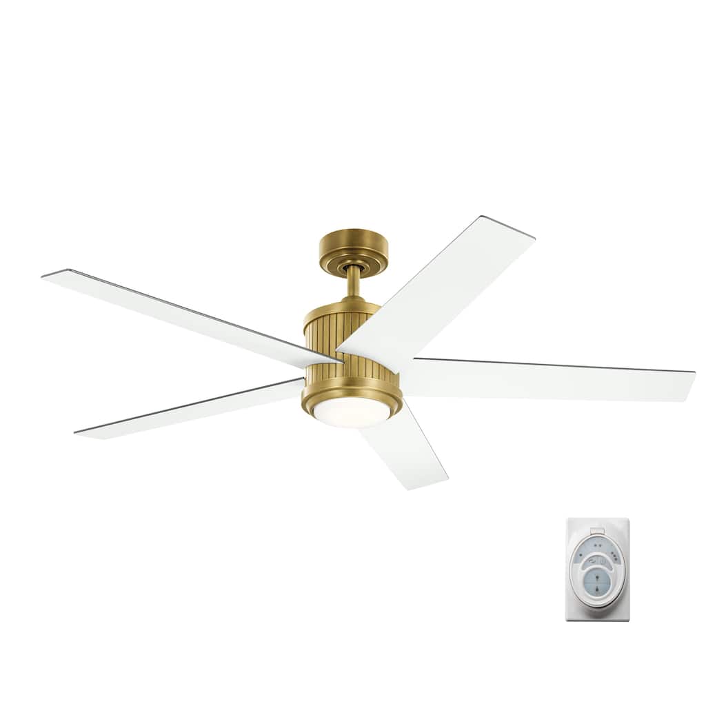 Kichler Brahm 56 inch LED Ceiling Fan Natural Brass with Walnut and White Blades