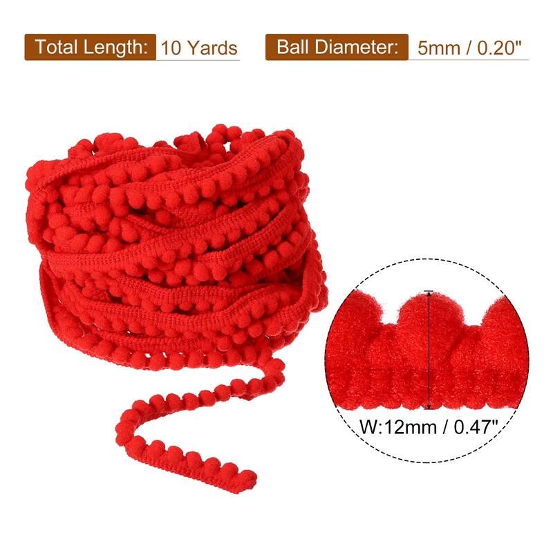 10 Yards Pom Pom Ball Fringe Trim Ribbon Sewing Trim DIY Crafts, 5mm - Red
