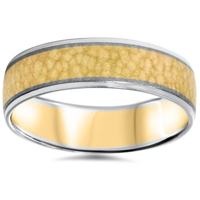 Mens Gold 2 Tone Hammered Comfort Fit Wedding Band