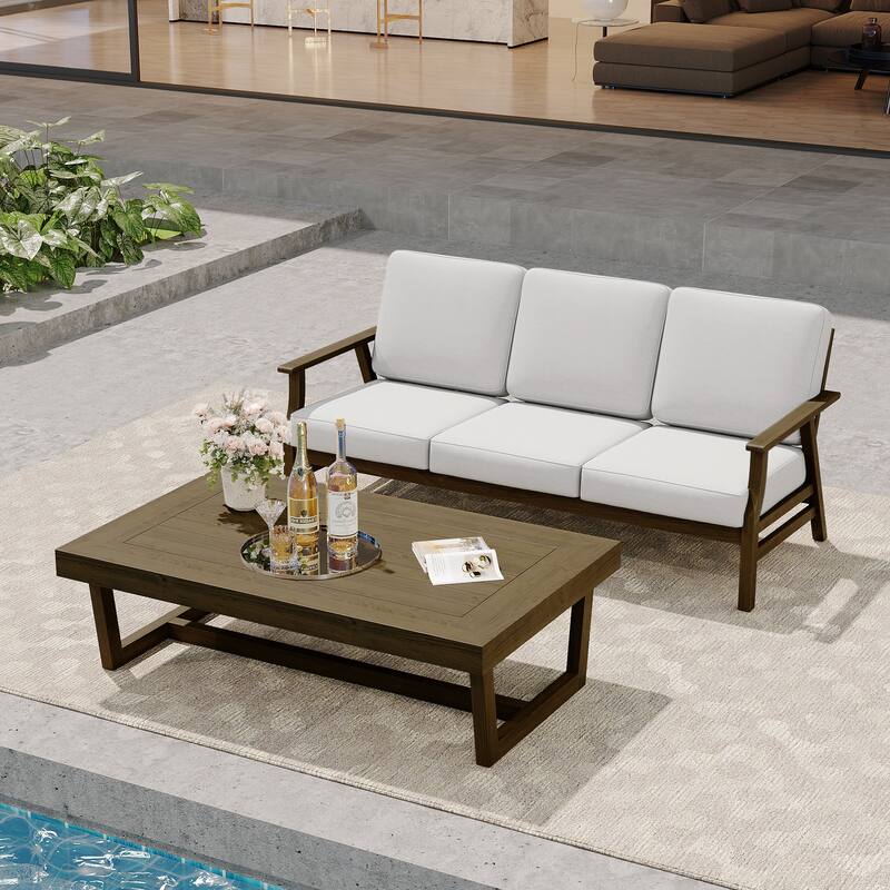 Modern Wood Outdoor Patio Sofa Loveseat with Cushion - Sofa Set - Beige