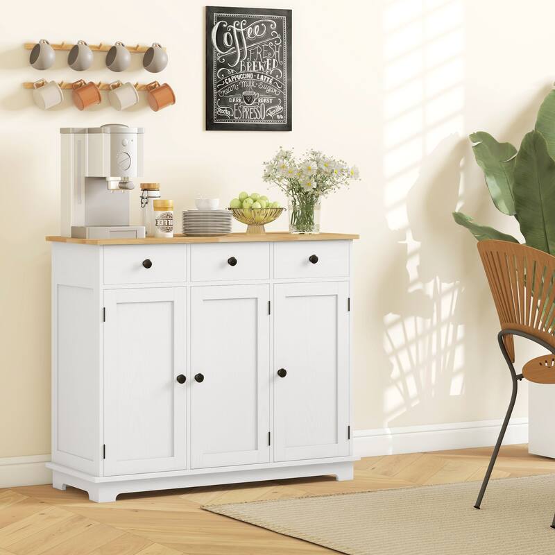 HOMCOM Sideboard with Solid Wood Countertop, Modern Kitchen Storage Cabinet, Coffee Bar Cabinet with 3 Drawers