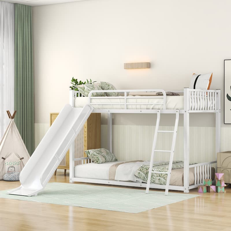 Twin Over Twin Bunk Bed with Slide, Metal Low Bunk Bedframe w/ Metal Slats Support for Juniors