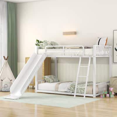 Twin Over Twin Metal Bunk Bed with Slide and Ladder for Kids, White