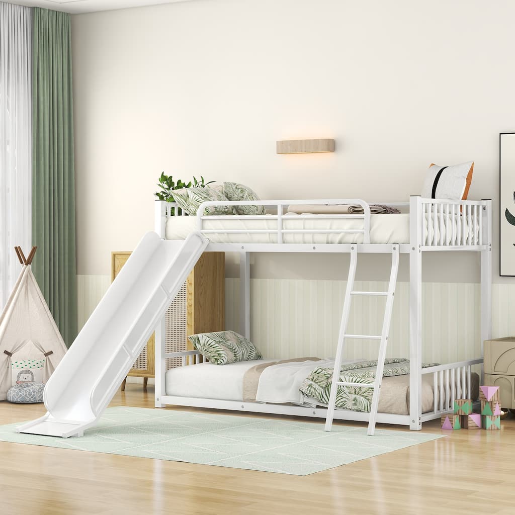 Twin over Twin Metal Bunk Bed with Slide and Ladder, Metal Bunk Bed Frame with Full-Length Guardrail, No Box Spring Needed