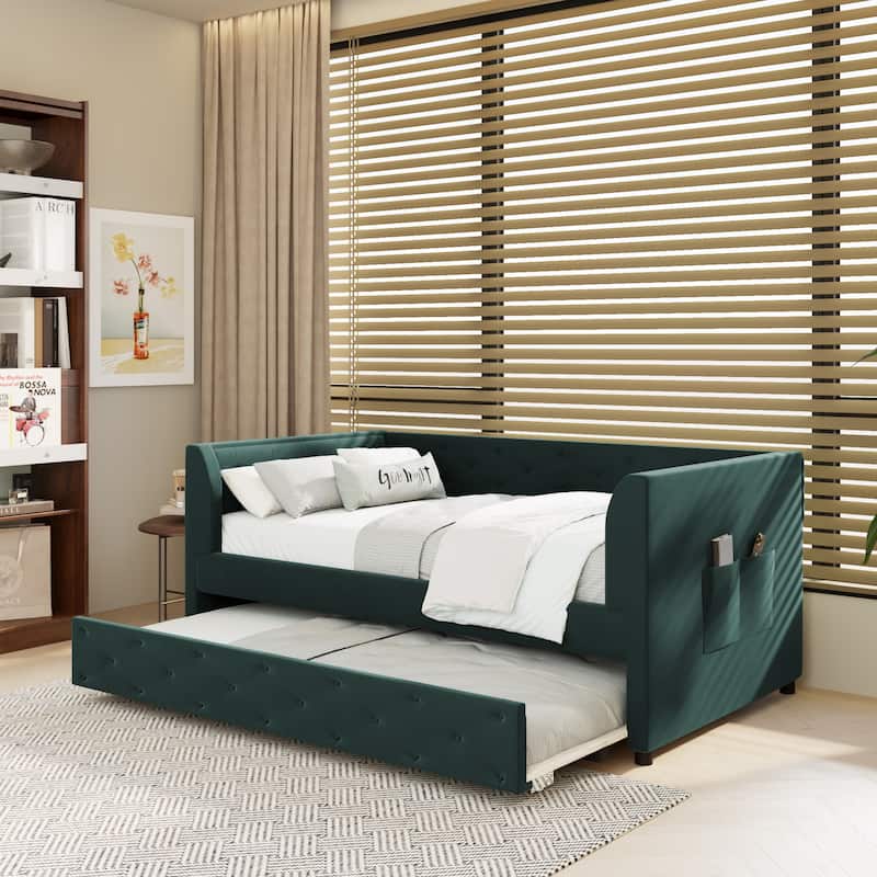 Twin Size Upholstered Velvet Tufted Daybed with Trundle