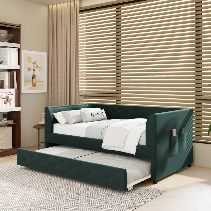 Twin Velvet Tufted Daybed with Trundle & Storage - 400LB Capacity