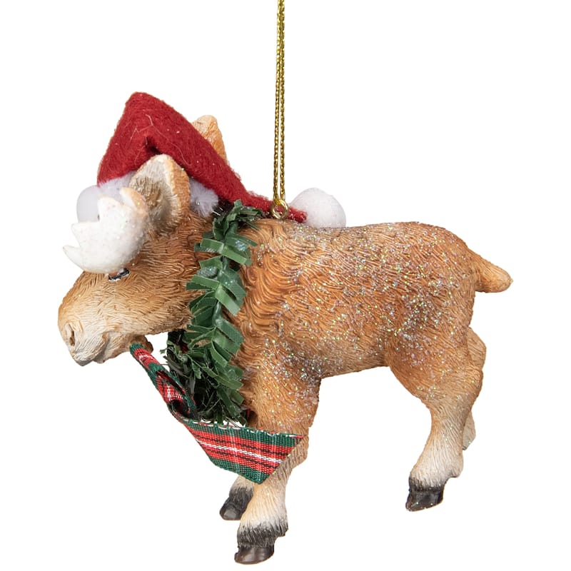 3.5-Inch Moose Wearing Santa Hat and Plaid Bow Christmas Ornament - 3.5"