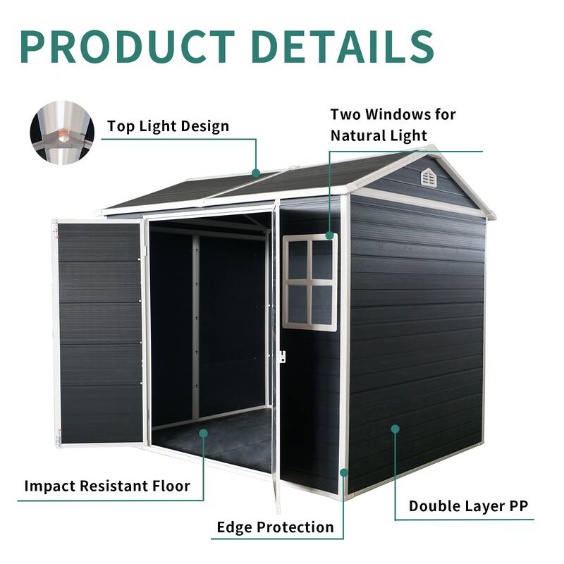Outdoor Resin Garden Shed Rust-proof Storage Shed Tool Shed with Sloping Roof & Lockable Double Doors, Built-in Floor