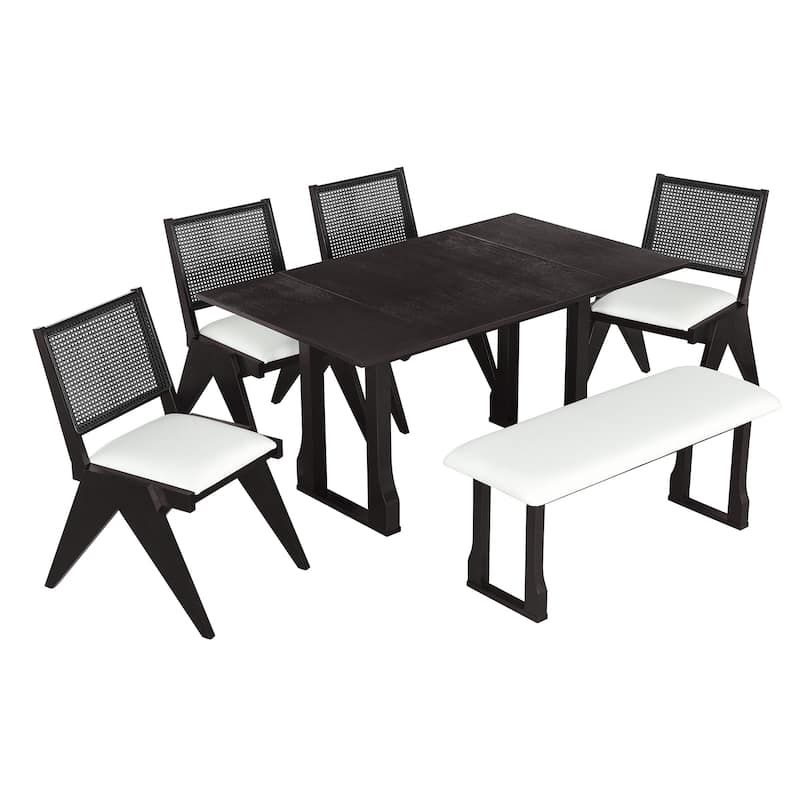 6 People Extendable Dining Table Set, Wood 6 Piece Dining Table and Chair Set with 4 Wicker Back Upholstered Chairs and Bench