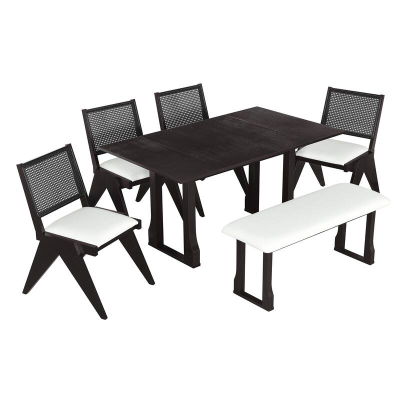 Modern 6-Piece Extendable Dining Table Set with 4 Wicker Upholstered Dining Chairs and Long Bench for Kitchen Living Room