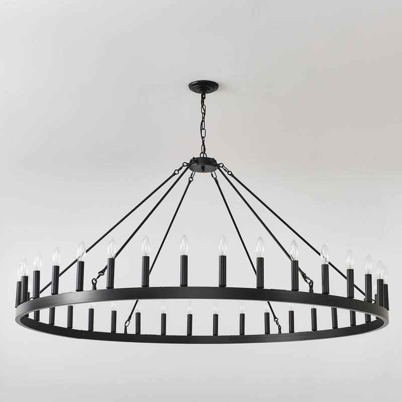 59.1INCH 36-Light Extra Large Wagon Wheel Chandelier, Black Farmhouse Round Wheel Chandelier Light E12