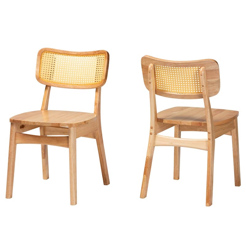 Tadeo Mid-Century Modern Oak Brown Finished Wood and Rattan 2-Piece Dining Chair Set - Oak Brown, Light Brown