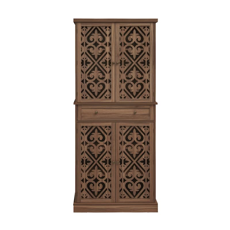 Roomfitters 4 Door Storage Cabinet with Drawer, Tall Pantry Cabinet with Adjustable Shelves, Walnut
