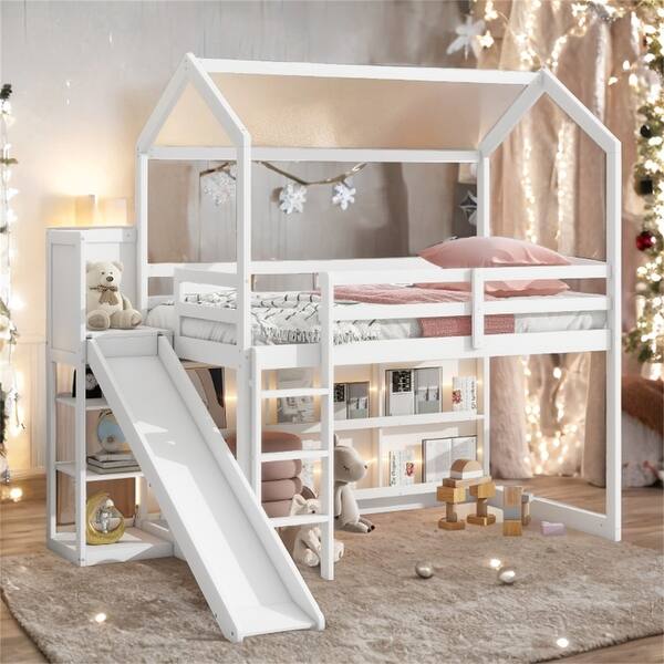 slide 2 of 12, Twin Wood Loft Bed with Slide and Storage Shelves White
