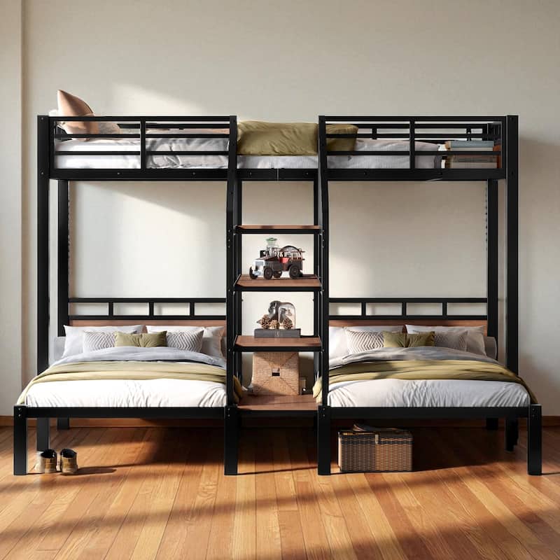 Twin/Queen over Twin over Twin Metal Triple Bunk Bed with Storage Shelves & Built-in Stairs, Black Heavy Duty Frame