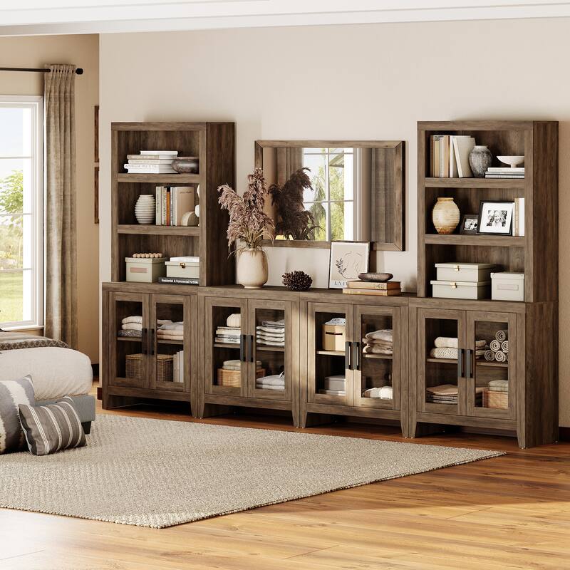 WAMPAT Farmhouse Entertainment Center with Bookshelves, Modular TV Stand with Storage Cabinets & Glass Doors