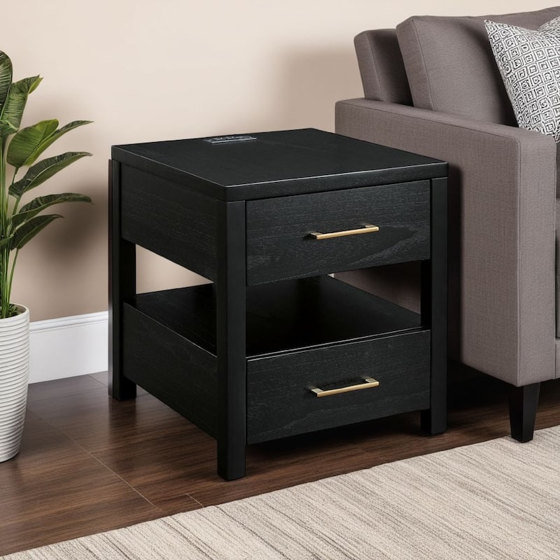Wendy Side End Table, Open Cubby, Dual USB Ports, 24 Inch Black Wood