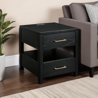 Wendy Side End Table, Open Cubby, Dual USB Ports, 24 Inch Black Wood