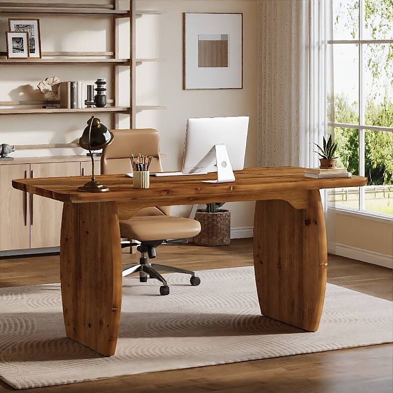 63'' Solid Wood Executive Desk, Large Office Computer Desk with Sturdy Wood Legs