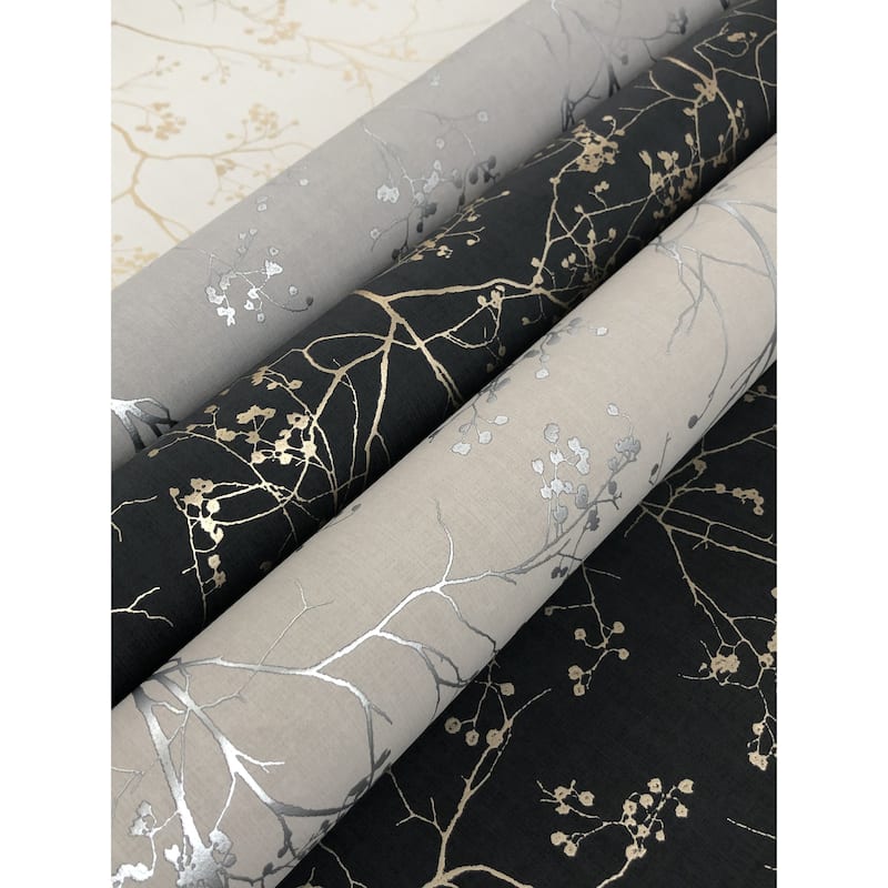 Grant Black/Gold Short Fiber Non-Woven Unpasted Botanical Luminous Branches Wallpaper Covers about 60.75 sq. ft.
