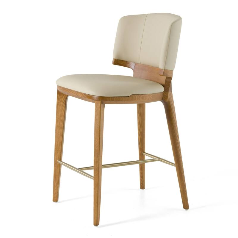 Modrest Calvary Mid-Century Modern Beige Vegan Leather & Walnut Counter Chair