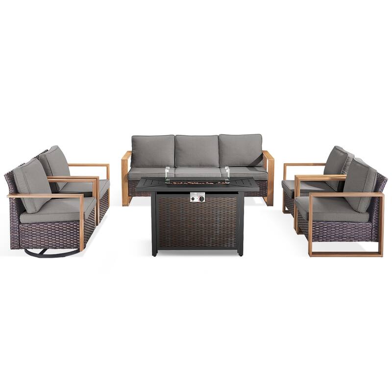 Meyreso Wicker Outdoor Patio Metal Fire Pit Set with Swivel Gliders and Olefin Cushions