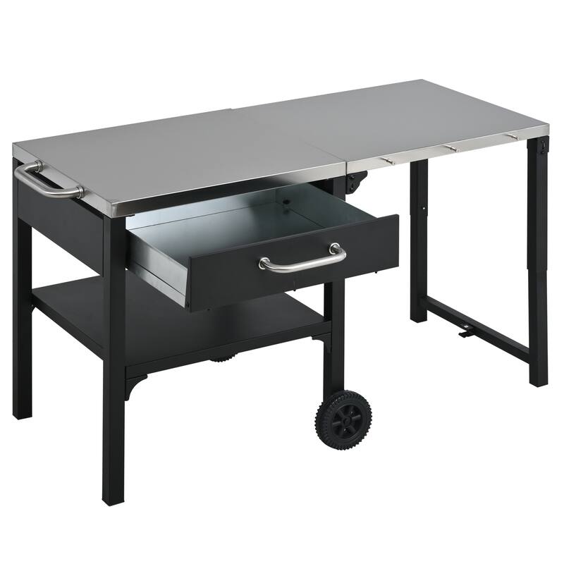 Portable Foldable Outdoor Kitchen Prep Station, BBQ Grill Cart with Expandable Top and Storage for Patio