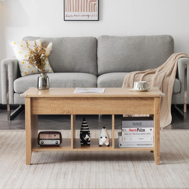 VINGLI Rectangular Oak-colored Particle Board with Bamboo Rattan Weaving, Extendable and Liftable Coffee Table