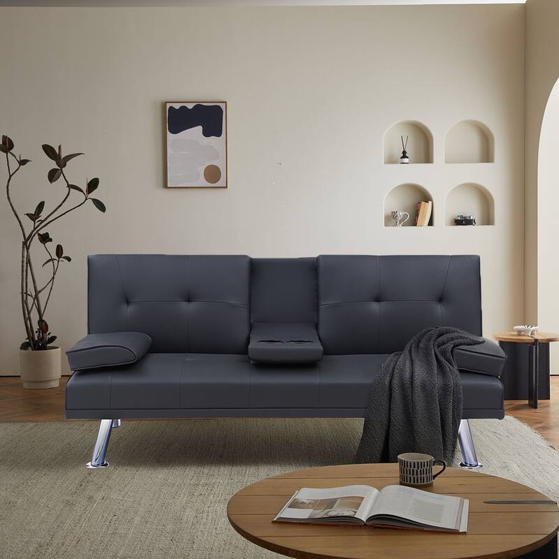 Classic PVC Leather Upholstered Convertible Futo Sofa Bed with Cup Holders - Black