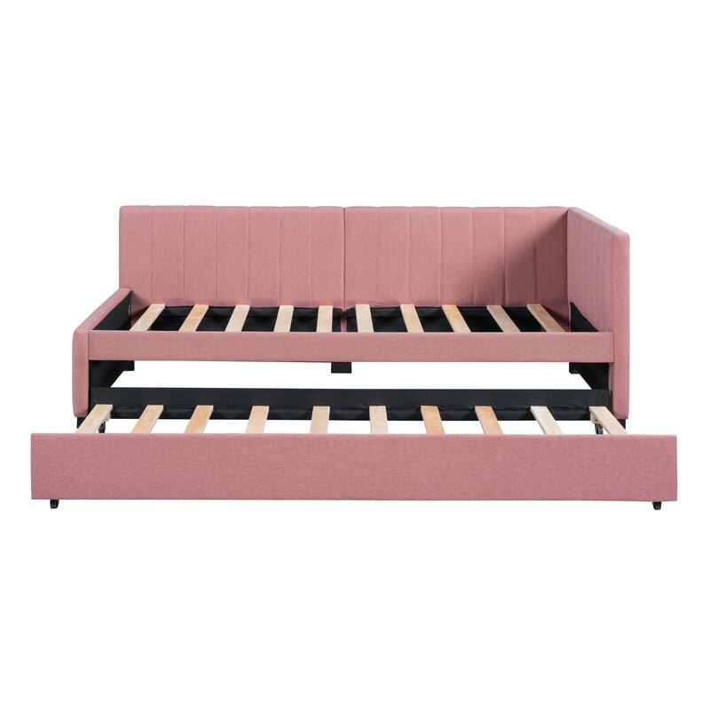 Linen Upholstered Daybed with Trundle, Twin Size Sofa Bed Frame, Space-Saving