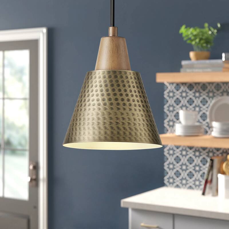 Industrial Metal Pendant Lighting with Wood Grain Minimalist Design for Kitchen Island - Gold