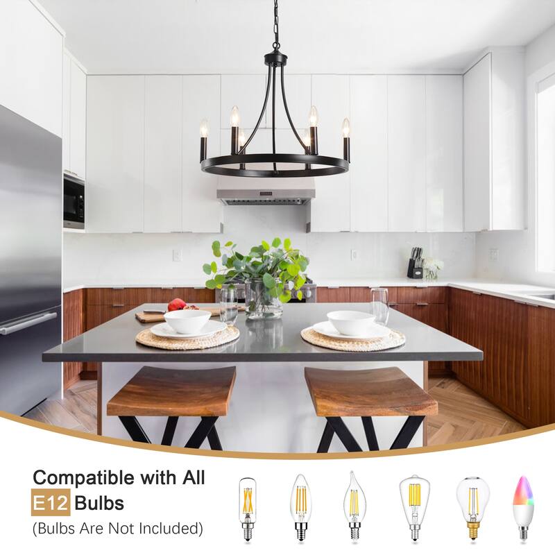 6-Light Farmhouse Candlestick Circle Hanging Wagon Wheel Chandelier Lighting for Kitchen Island