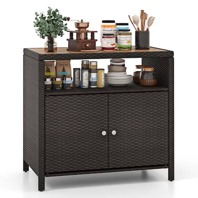 Costway Patio Rattan Storage Cabinet with Acacia Wood Countertop Open - See Details