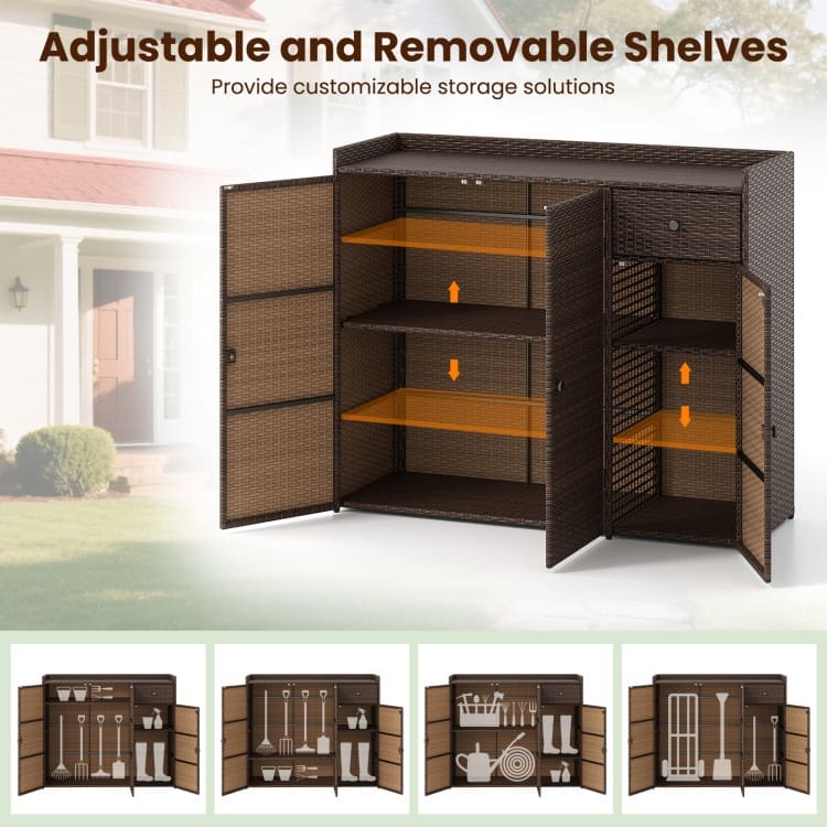 Mix Brown PE Rattan Patio Storage Cabinet with Metal Frame and Drawer - 48" x 17" x 40"