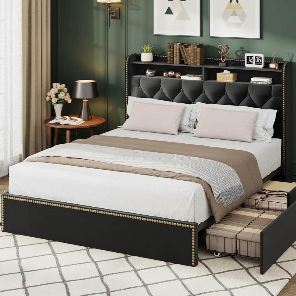 Velvet Bed Frame, with 4 Storage Drawer and Tufted Headboard