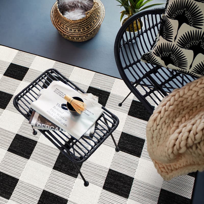 Plaid Checkered Indoor/Outdoor Flatweave Waterproof Backyard Patio Area Rug