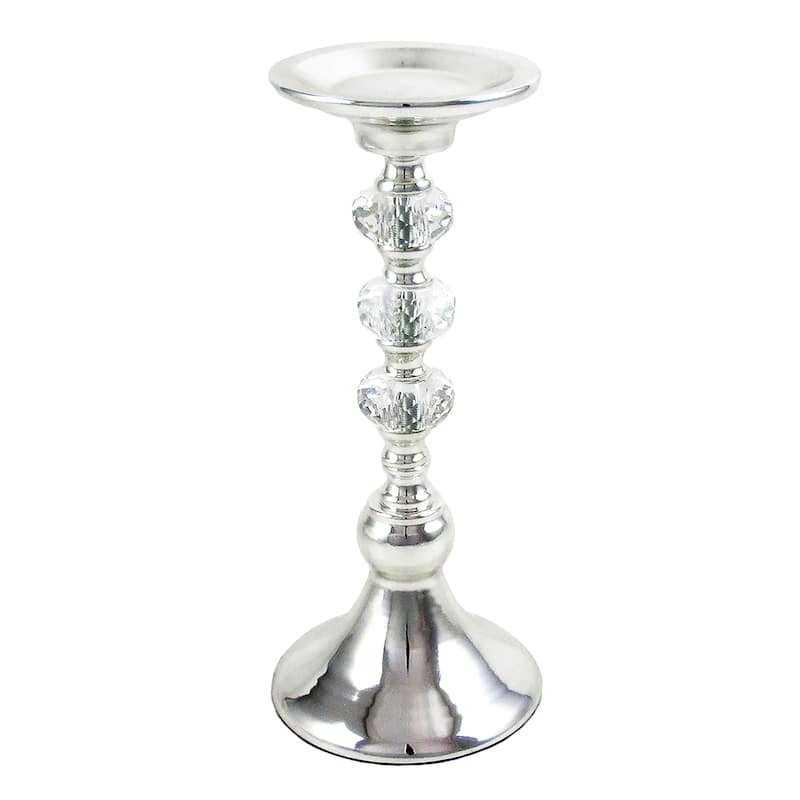 Silver Diamond Gem Crystal Candlestick Pillar Candle Holder Centerpiece - 11" H x 5" W x 5" DP - Silver
