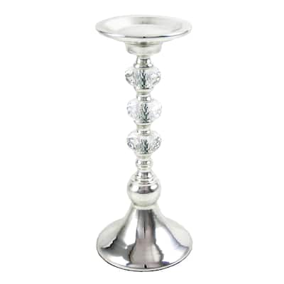 Silver Diamond Gem Crystal Candlestick Pillar Candle Holder Centerpiece