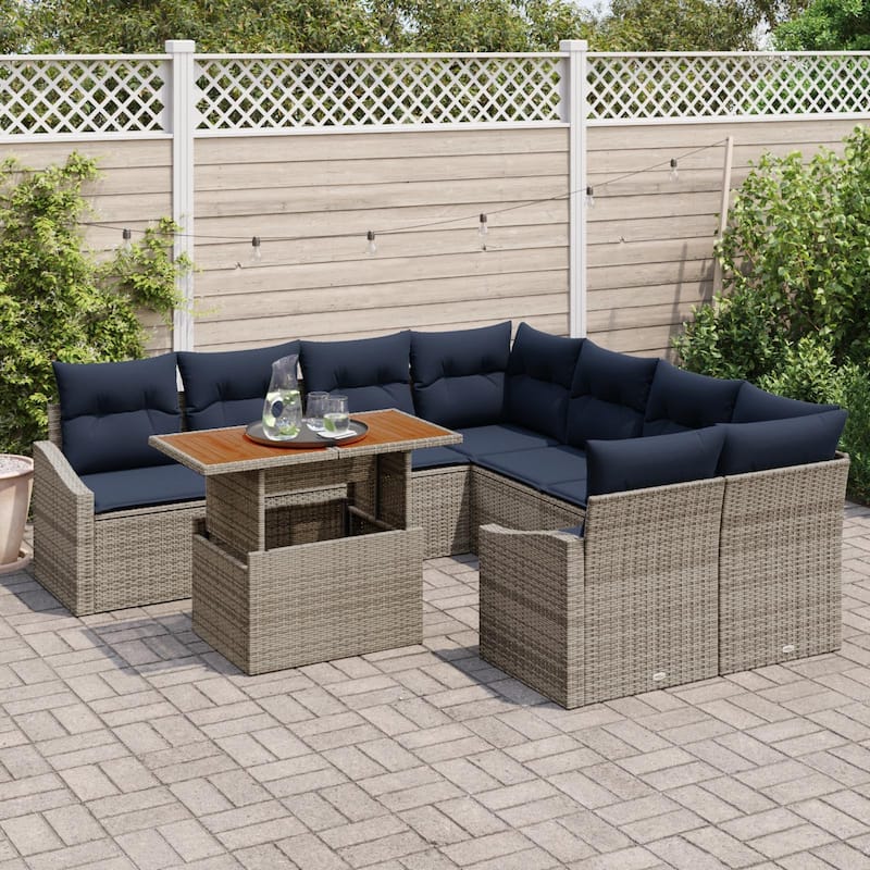 vidaXL 9 Garden Sofa Set with Cushions Black/Grey Poly Rattan - 91.9 x 92.1 x 27.2