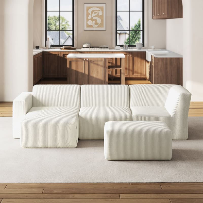 114" W Fully Sponge Molded Modular Sectional Sofa Chaise with Ottoman - Beige - Left Facing