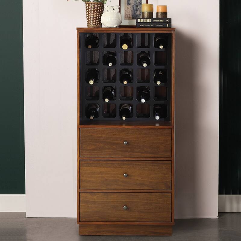 Wooden Wine Cabinet with Wine Bottle Rack and Three Drawers, Brown and Black