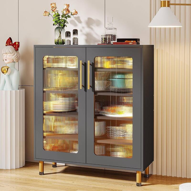 Buffet Sideboard Storage Cabinet with Acrylic Doors and LED Light - N/A