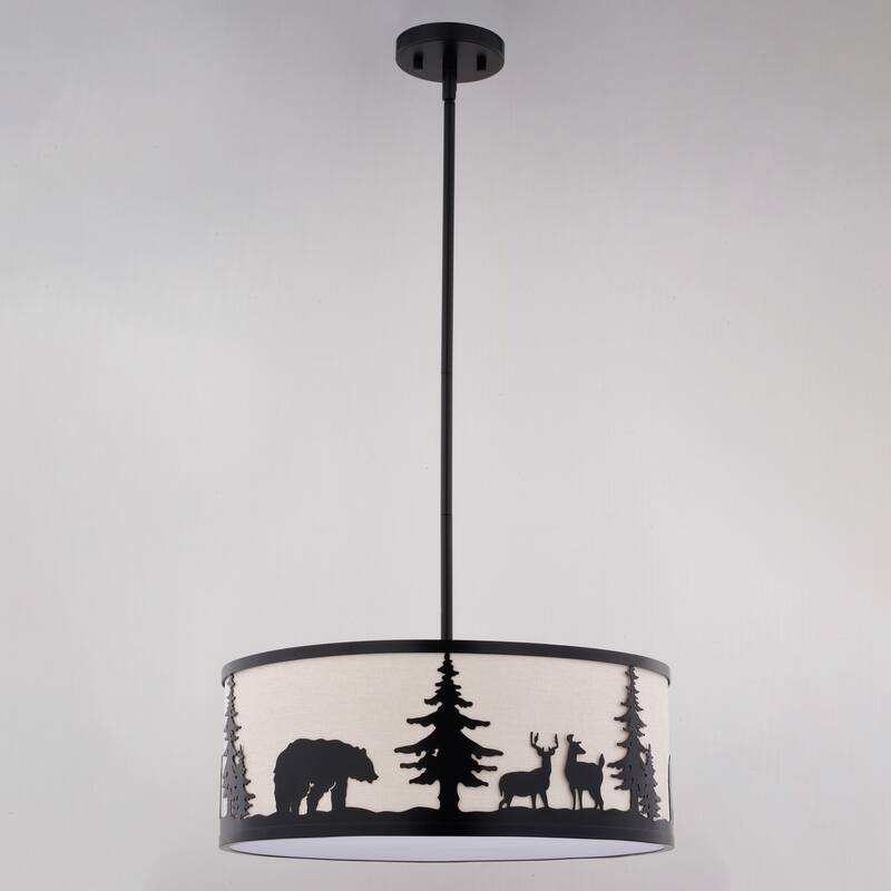 Acadia 3L Bronze Rustic Pendant Light White Linen Bear Deer Tree - 18-in W x 16.75-in H x 18-in D
