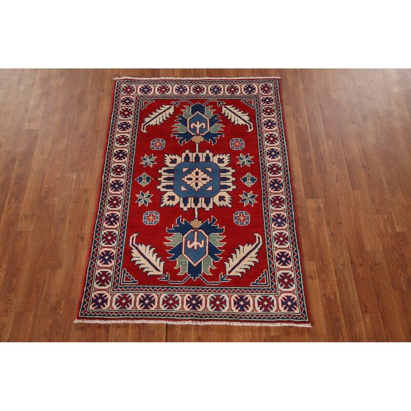 Geometric Red Kazak Accent Rug Handmade Traditional Wool Carpet - 3'4"x 4'11"