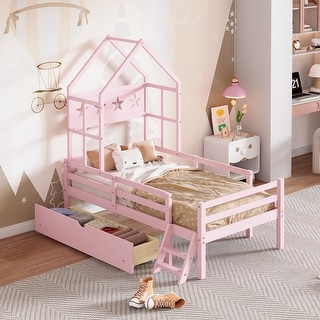 Wood Twin House Bed with Guardrail and Drawer, Rustic Design, Easy Assembly, Pink