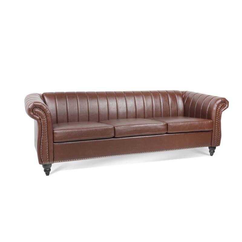 PU Rolled Arm Chesterfield Sofa 84" Three Seater Sofa for Living Room