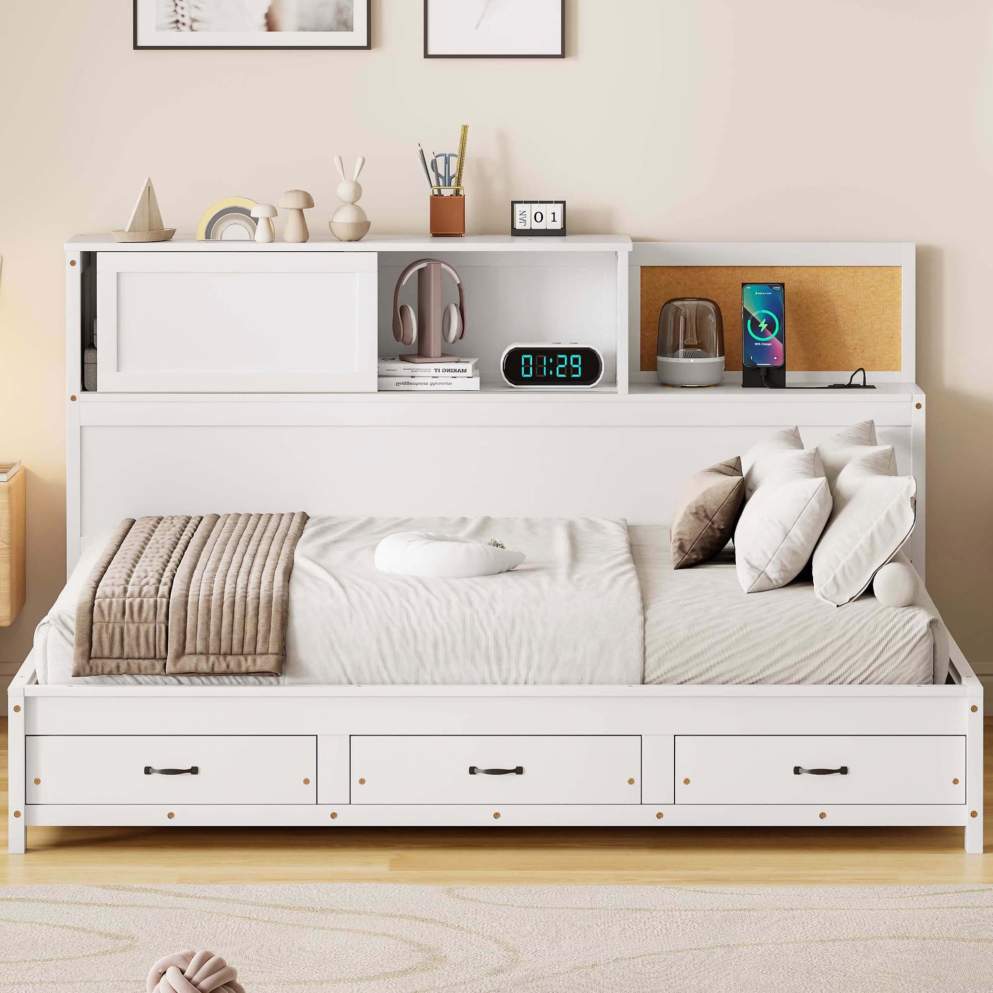 Roomfitters Twin Wooden Daybed with 3 Storage Drawers, Soft Headboard and USB Ports, White