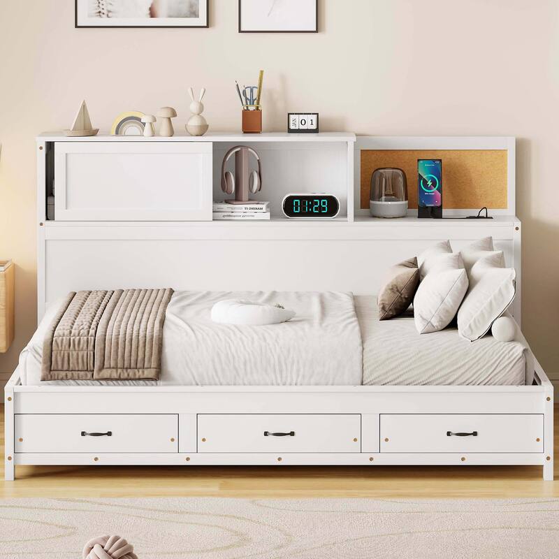 White Wooden Captains Bed Twin Size Daybed with 3 Drawers, Open Shelf, Pushable Storage Cabinet and Charging Station