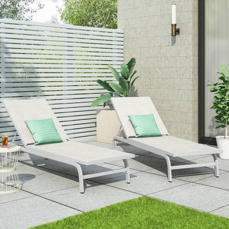 2-Piece Outdoor Aluminum Chaise Lounge Chair Set, Mesh Recliners Adjustable Lounger for Poolside Garden Backyard - Grey White